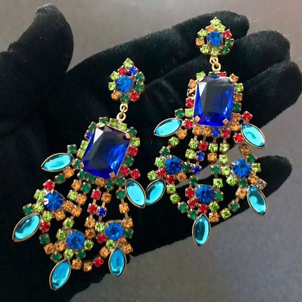 Art Deco Old Czech HUGE 3 1/2" Satin Glass Drop Earrings, Xmas Blue Multicolor Dragons Breath Chandelier Carnival Evening Puzett Earrings