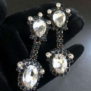 Art Deco Old Czech LARGE Crystal Glass Drop Earrings, Xmas Navy Blue Clear Rhinestones Dangle Chandelier Party Evening Gift Puzett Earrings