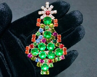 Art Deco Old Czech Crystal Glass Funky &gt;3&quot; Xmas Tree Brooch, Green Red & Multicolor Rhinestones Christmas Pageant Gift Big Lapel Scarf Pin