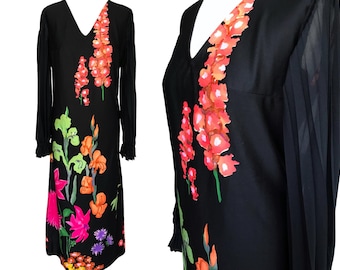 80s Black Bold Floral Sheer Pleated Sleeves Dress, A-Line Cocktail Party Wedding Guest Dress, pink Green Orange Purple Floral Tea Dress sz M