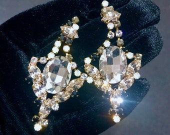 Art Deco Old Czech LARGE Crystal Glass Drop Earrings, Wedding Bridal Diamante Clear Rhinestone Chandelier Party Evening Puzett Gift Earrings