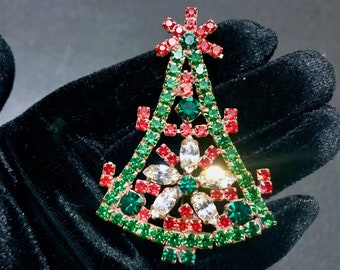 Old Czech Crystal Glass LARGE 3&quot; Xmas Tree Brooch, Red Green & Dazzling Clear Rhinestones Handmade Christmas Gift Big Lapel Scarf Brooch Pin