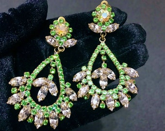 Art Deco Old Czech HUGE &gt;3&quot; Crystal Glass Drop Earrings, Green Clear Aurora Borealis Rhinestone Party Evening Clip Gift Earrings