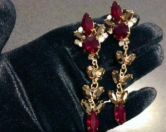 Art Nouveau Old Czech Glass Red & Black Sparkling Earrings, Xmas Mardi Gras Carnival Drop  Clip Gift Earrings, Prom Earrings