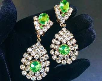Art Deco Old Czech Crystal Glass Drop Earrings, Green & Clear Rhinestones Teardrop Chandelier Party Evening Clip Gift Earrings