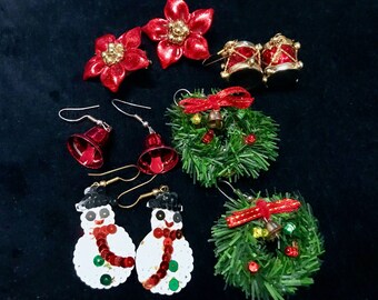 Lot of 5 Pairs of Handmade Xmas Earrings, Xmas Hooked Party Holiday Earrings, Handmade Xmas Gift earrings, Xmas Kids Teens earrings lot of 5