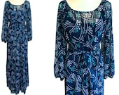 70s French Vintage Blue Green Sheer Jersey Blouson Style Wide Sash Balloon Sleeves Evening Party Boho Chic Maxi Dress Opaque Underslip,