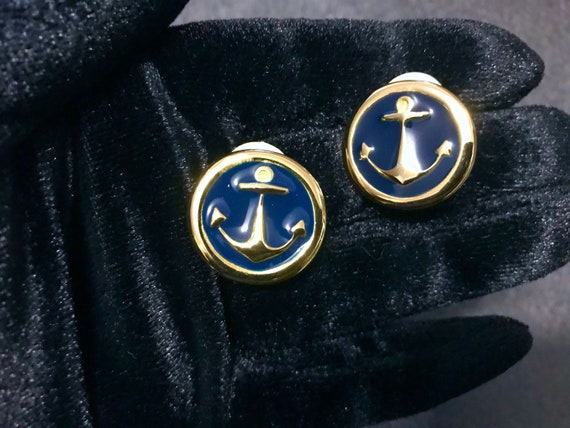 70s Navy Blue Gold Enamel Nautical Ahoy Sailor An… - image 1