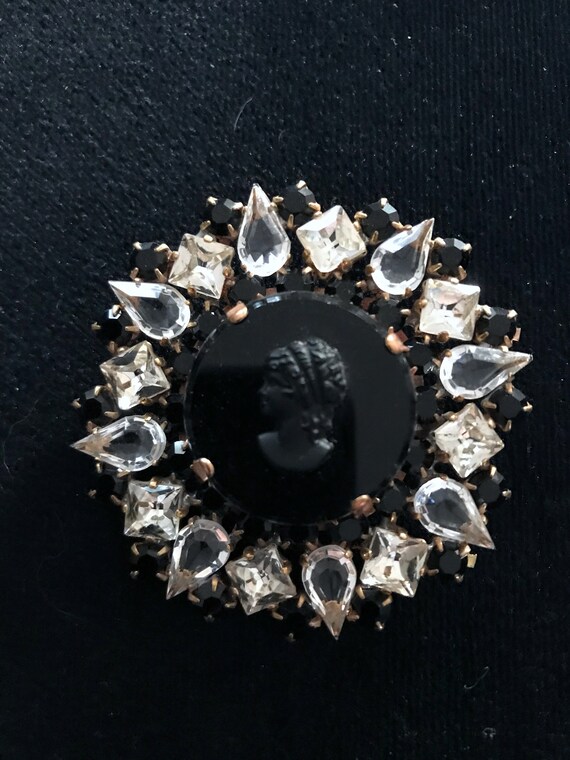 Old Czech Crystal Glass Black Cameo Brooch, Victo… - image 4