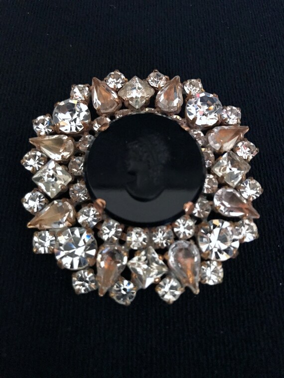 Old Czech Crystal Glass Black Cameo Brooch, Victo… - image 4