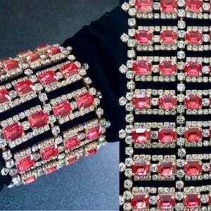 Art Deco Style 3&quot; EXTRA WIDE Crystal Glass Bracelet, Coral Pink Foiled Glass Old Czech Bracelet, Handmade Bridal Carnival Party Bracelet