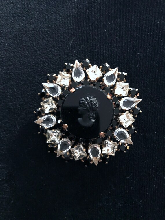 Old Czech Crystal Glass Black Cameo Brooch, Victo… - image 2