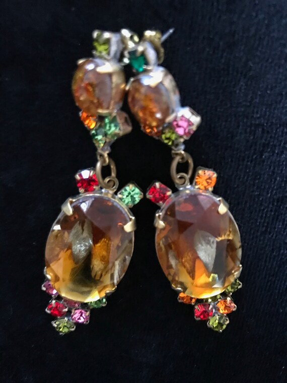 Old Czech Crystal Glass Drop Earrings, Xmas Honey… - image 4