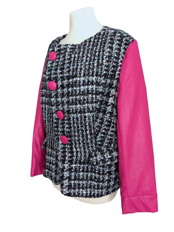 80s Hot Pink Faux Leather Tweed Wool Jacket, Plus… - image 7
