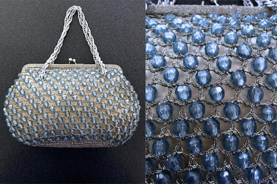 50s-60s Blue Crystal Glass Evening Bag, Silver Met