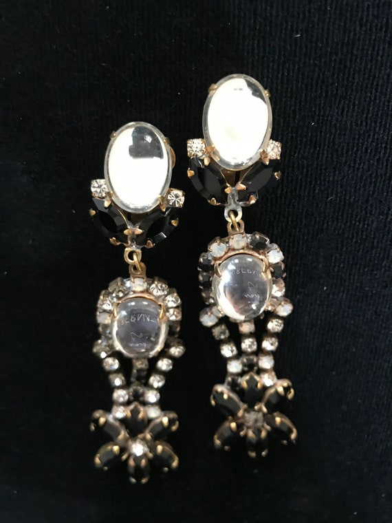 Art Deco Old Czech Crystal & Moon Glass Drop Earr… - image 4