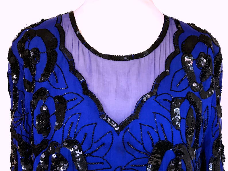 80s Vintage Blueberry Wine Art Deco Silk Sequinned Scallop Edge Mardi Gras Festival Top Long Tunic Dress Large