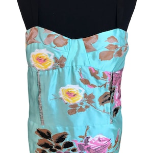 MARNI Lagoon Blue Silk Cotton Tapestry Top, Embroidered Raw Seam Funky Tank Top with Black Straps, Designer Silk Summer Occasion Party Top M