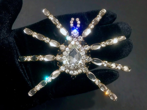Old Czech Crystal Glass HUGE Bombe Spider Brooch, 