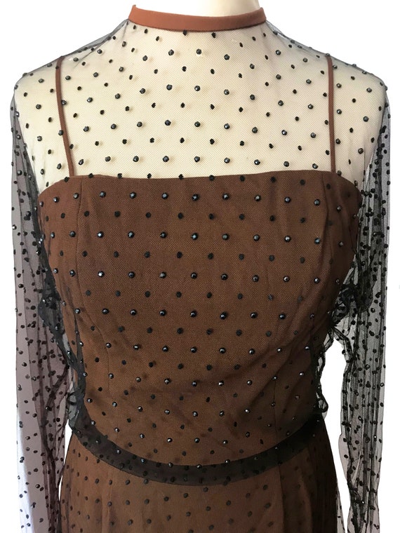 50s 60s Black Lace Net Mesh Overlay Dress, Rust B… - image 3