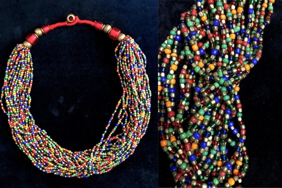 India Souvenir Necklace Multicolor Glass Beads Dangle Drop Brass Metal Boho