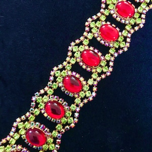 Art Deco Style WIDE Crystal Glass Bracelet, Xmas Red Green & AB Dazzling Old Czech Bridal Link, Evening Pageant Party Panel Gift Bracelet