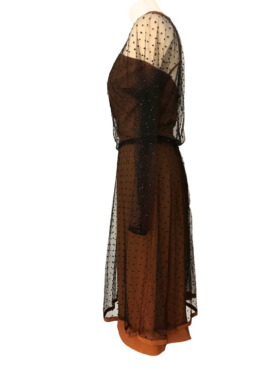 50s 60s Black Lace Net Mesh Overlay Dress, Rust B… - image 6