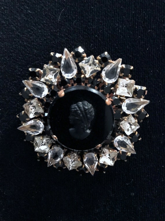 Old Czech Crystal Glass Black Cameo Brooch, Victo… - image 7