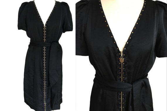 Black Silk Front Zip Dress W/ Golden Studs, Puff Sleeves Fitted Urban  Little Black Dress, V-neckline Steampunk Rave LBD Wide Sash Belt Sz S - Etsy
