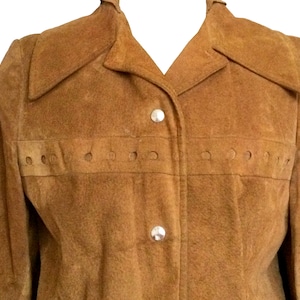 70s Camel Tan Brown Wing Collar Suede Jacket, Perforated Detail Genuine Leather Boho Snapped Jacket, Street Style Camel Suede Hippie Jacket