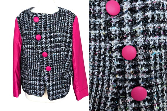 80s Hot Pink Faux Leather Tweed Wool Jacket, Plus… - image 1