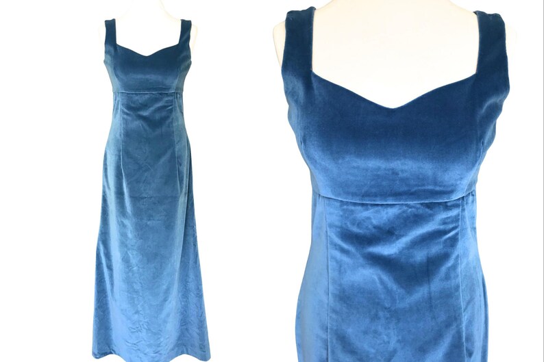 50s-60s Cornflower Blue Cotton Velvet Empire Waist Sweetheart Sleeveless Column MOD Evening Prom Party Occasion Wedding Races Maxi Dress