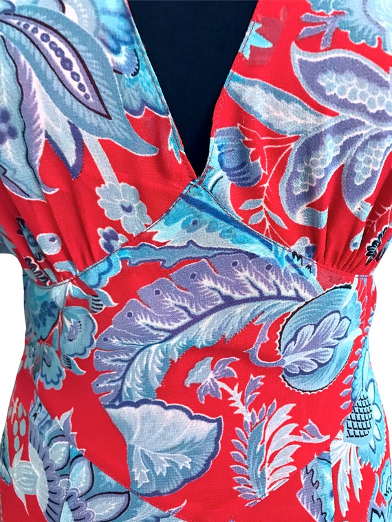30s Style Chiffon Maxi Dress, Blue & Red Boho Hip… - image 4