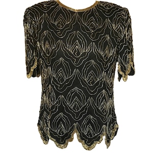 80s Silk Black Silver Gold Beaded Party Top, Xmas Sequinned Scalloped Occasion Tunic Blouse, Carnival Disco Prom Christmas New Year Glam Top