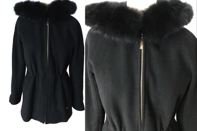 Black Wool Real Fur Trim Ladies Hooded Car Coat Ellen Tracy Black Wool Scandinavian Fox Trim Hooded Zip Parka Fitted Jacket Short Over Coat