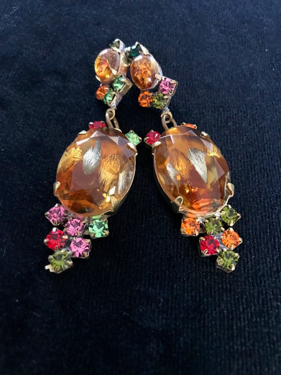 Old Czech Crystal Glass Drop Earrings, Xmas Honey… - image 3