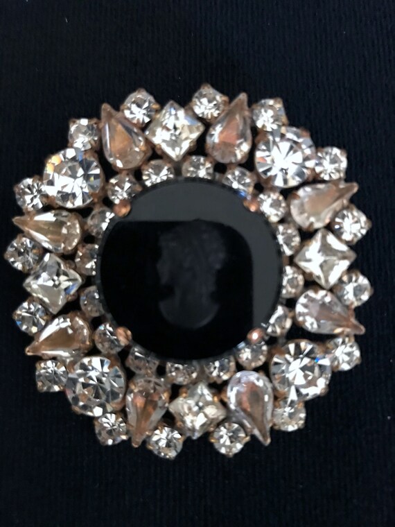 Old Czech Crystal Glass Black Cameo Brooch, Victo… - image 2