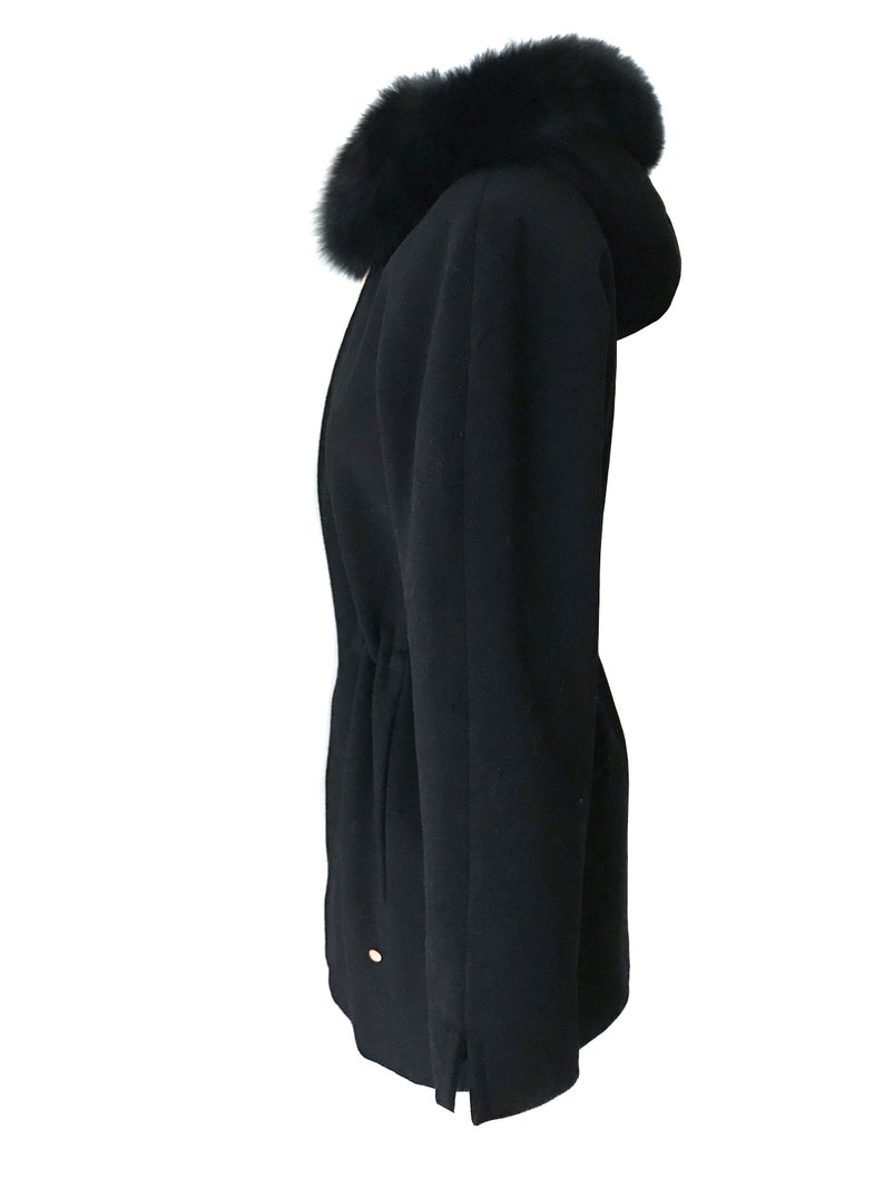 Black Wool Real Fur Trim Ladies Hooded Car Coat Ellen Tracy Black Wool Scandinavian Fox Trim Hooded Zip Parka Fitted Jacket Short Over Coat