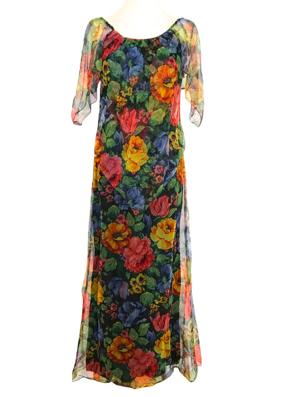 70s Autumnal Colours Thanksgiving Retro Cocktail Party Evening Sheer Floaty Chiffon Net Mesh Boho Chic Cape Wing Sleeve Blouson Maxi Dress