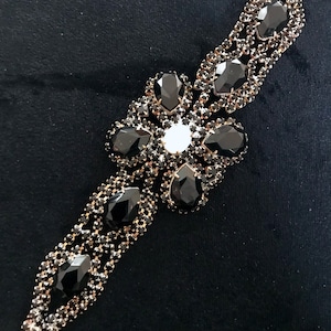 Art Deco Style Crystal & Moon Glass Bracelet, Jet Black Clear Rhinestone Old Czech Link Bracelet, Evening Party Prom Carnival Panel Bracelet