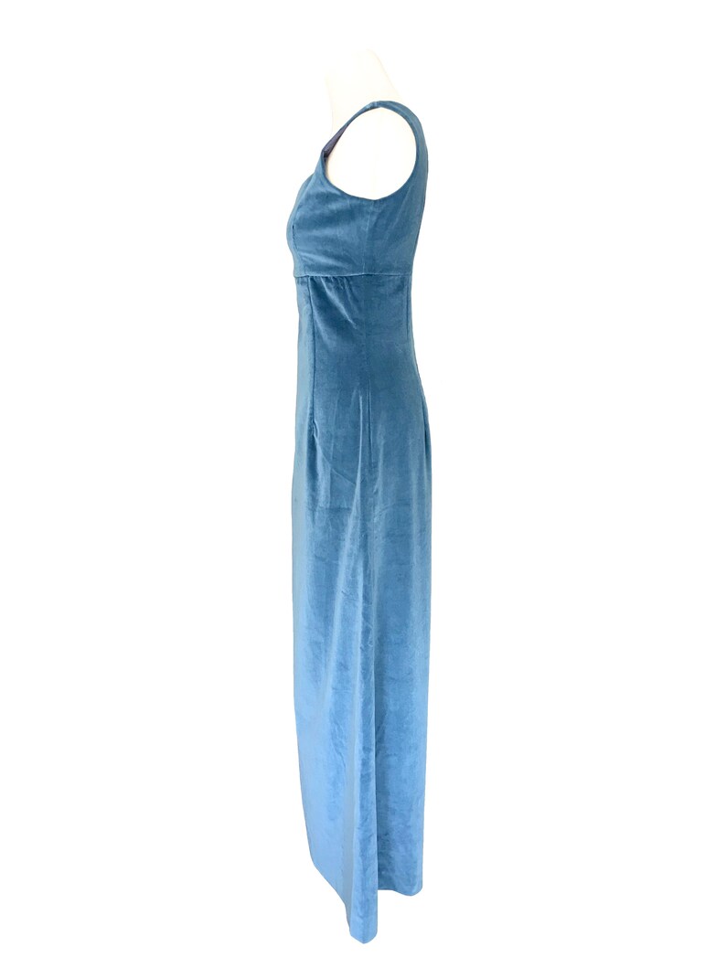 50s-60s Cornflower Blue Cotton Velvet Empire Waist Sweetheart Sleeveless Column MOD Evening Prom Party Occasion Wedding Races Maxi Dress