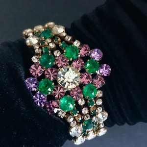 Art Deco Style Crystal Glass Bracelet, Green Lilac Purple Rhinestones Old Czech Link Bracelet, Pageant Party Prom Carnival Panel Bracelet