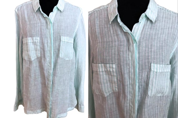 100% Flax Linen Striped Shirt Blouse, Pistachio Gr
