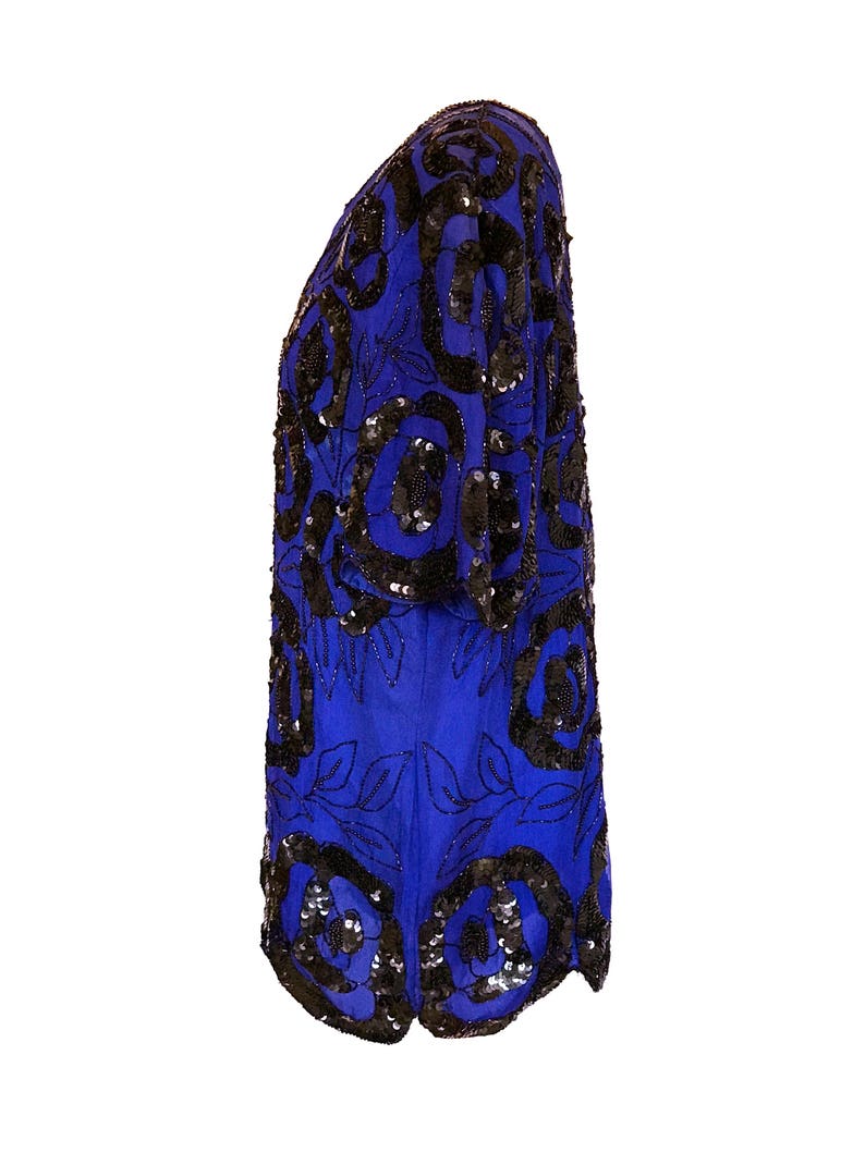 80s Vintage Blueberry Wine Art Deco Silk Sequinned Scallop Edge Mardi Gras Festival Top Long Tunic Dress Large