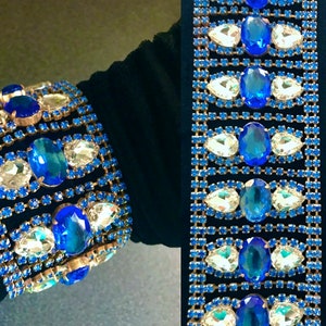 Art Deco Style WIDE Crystal Glass Bracelet, Cobalt Blue Old Czech Mardi Gras Carnival Link Bracelet, Halloween Evening Party Panel Bracelet