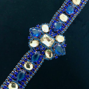 Art Deco Style Crystal & Moon Glass Bracelet, Blue Clear Rhinestone Old Czech Link Bracelet, Evening Party Prom Carnival Panel Bracelet