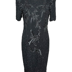 80s Silk Beaded Sequin Little Black Dress, LBD Occasion Cocktail Evening Dress Xmas New Year Party LBD, Key Hole Back Black Silk Dress