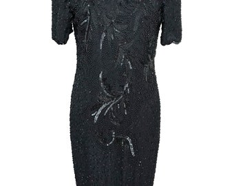 Vestido negro corto de seda con lentejuelas y cuentas de los años 80, vestido de noche para cóctel o fiesta de Navidad o Año Nuevo, vestido de seda negro con abertura en la espalda