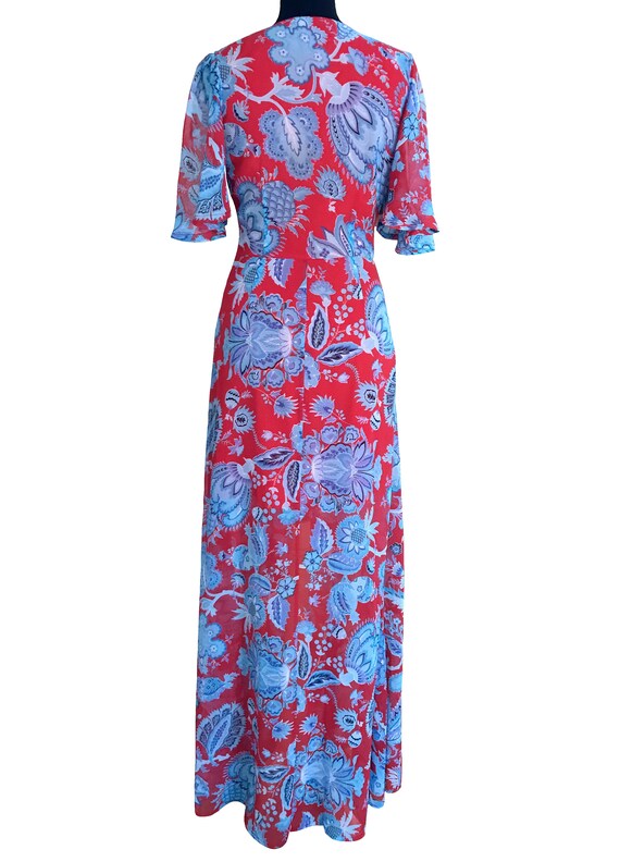 30s Style Chiffon Maxi Dress, Blue & Red Boho Hip… - image 8