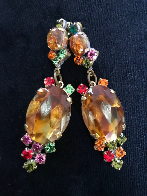 Old Czech Crystal Glass Drop Earrings, Xmas Honey… - image 2